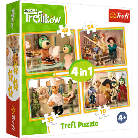 Trefl Duopak Puzzle 4w1 + Chińczyk Trefliki Rodzina Treflików